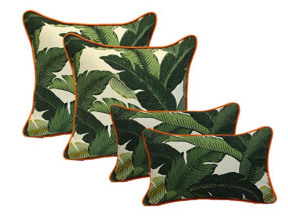 Set of 4 -  17" In / Outdoor Square & Rectangle Lumbar Decorative Pillows - Tommy Bahama Green Tropical Swaying Palms w/ Orange Cording