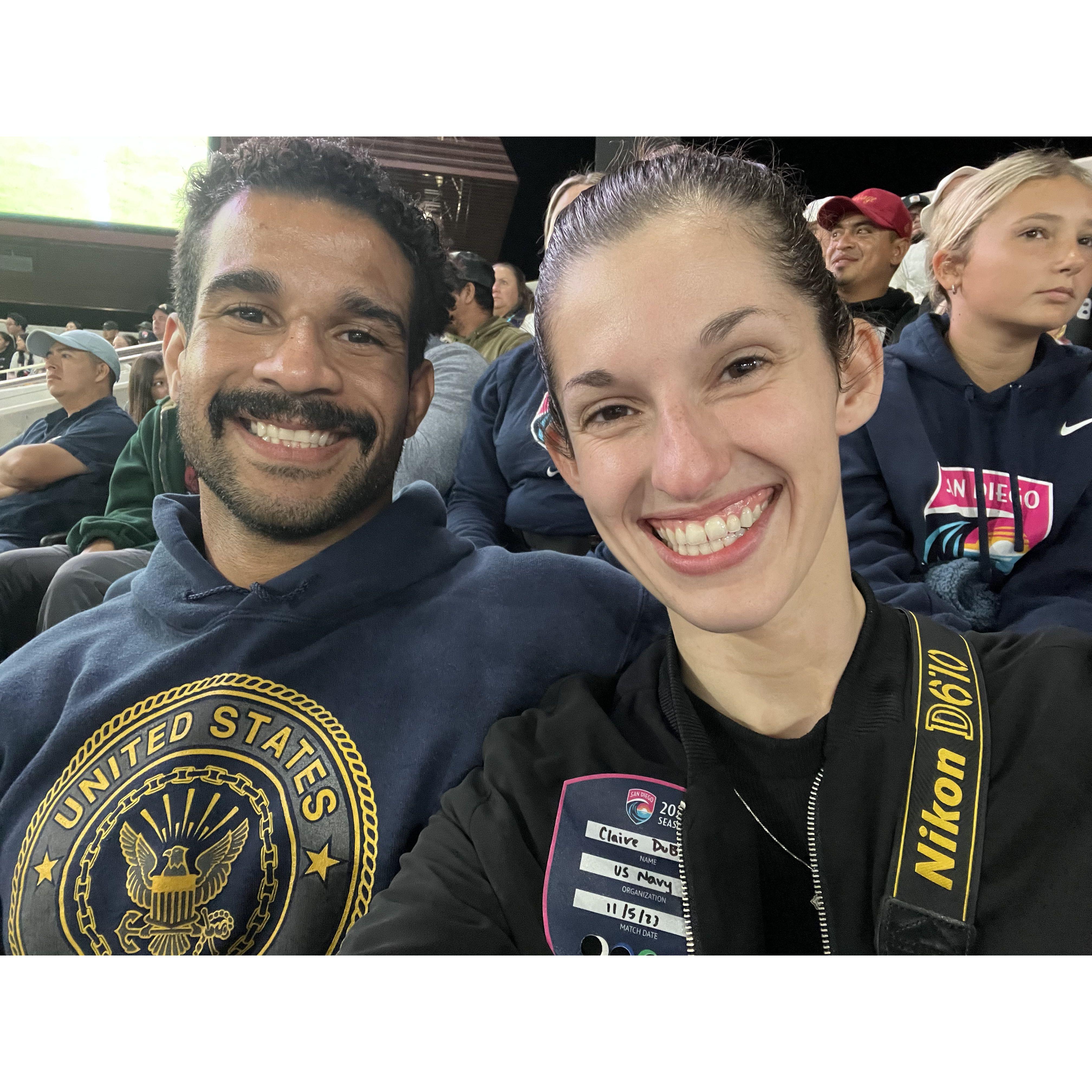 Orlando got to see Claire at work for the first time taking photos of Navy heroes spotlighted at an SD Wave soccer game!