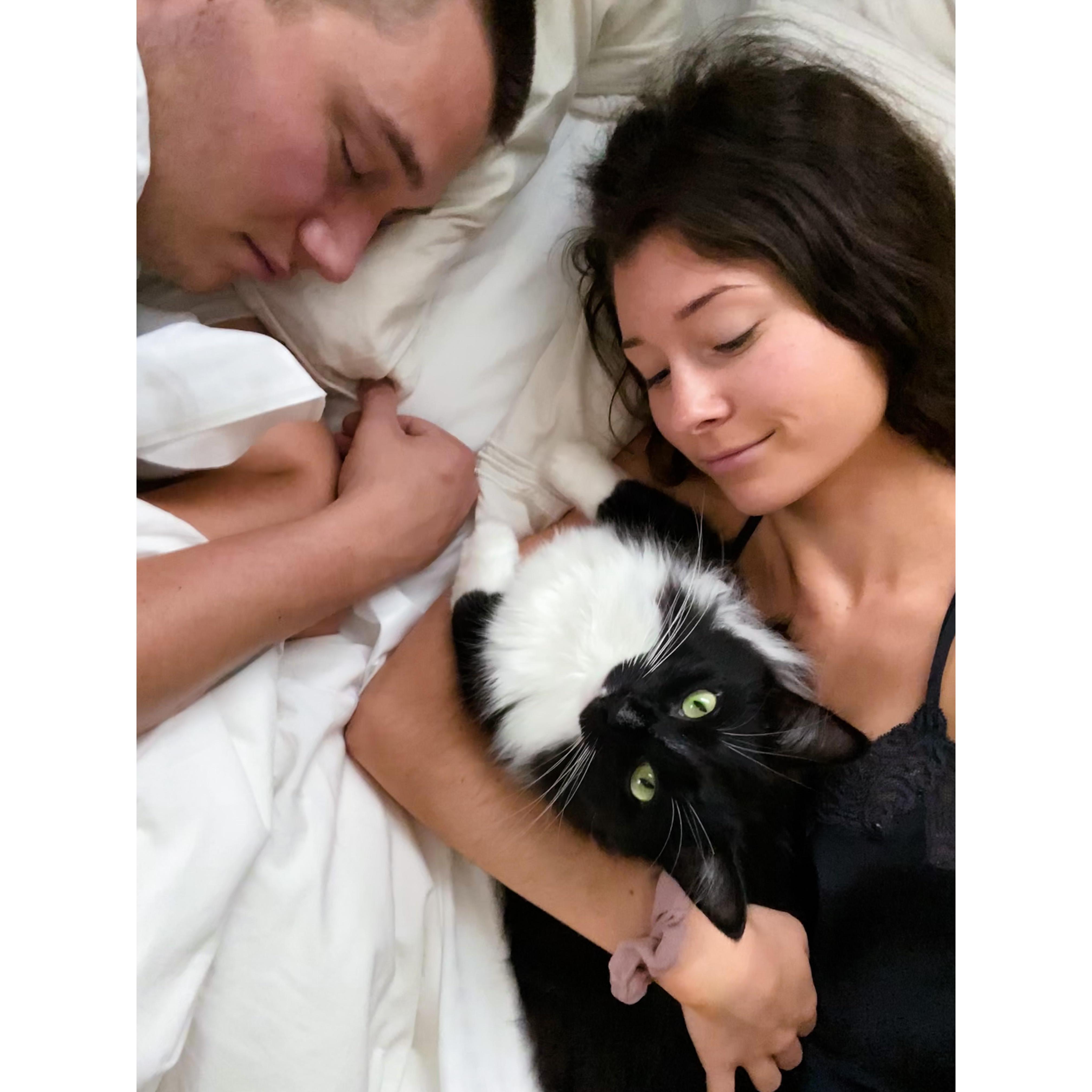 Sleepy family photo in the morning with our boy Mowgli