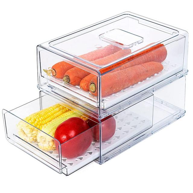 2 Pack Stackable Refrigerator Organizer Drawers Pull Out Bins Clear Fridge Food Storage Containers Plastic Veggie Fruit Produce Saver with Lids for Pantry Kitchen Freezer, 2pack×4.5L