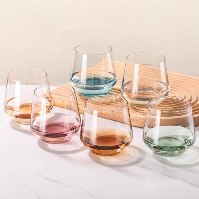 Colored Stemless Wine Glasses Set 6-Colorful Stemless Wine Glasses for Wine water,whiskies, juices, cocktails,Unique Gifts for Father day Birthday Wedding Party