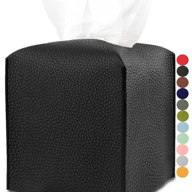 Leather Tissue Box Cover Square – Tissue Holder with Bottom Belt [JESMINI, Black] Aesthetic PU Leather Tissue Box Holder Decorative for Bathroom, Home Office Decor