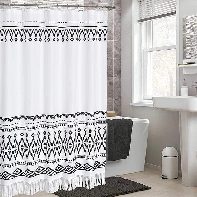 DOSLY IDÉES Tassel Shower Curtain, Black and White Boho Tribal Striped Bathroom Curtain Set with Hooks,72 x 72 in