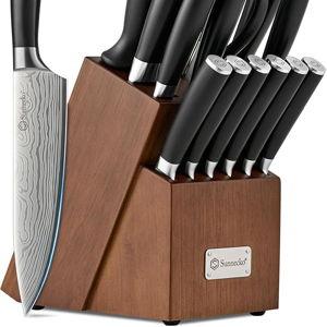 Sunnecko Knife Set with Block and Sharpener, 15 PCS Kitchen Knife Block Set Sharp Kitchen Knives High Carbon Stainless Steel with Black Handles