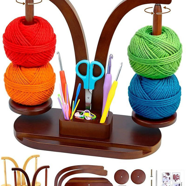 FIVEIZERO Double Magnetic Yarn Holder for Crocheting and Knitting, 360° Rotating Wooden Yarn Spinner with Phone Stand & Magnetic Storage Box, Mother's Day Gift for Knitting Lovers (Walnut Brown)