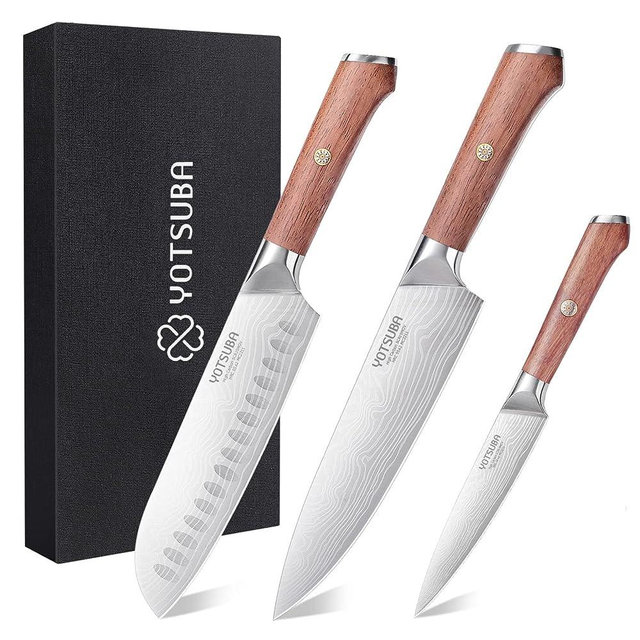 YOTSUBA Kitchen Knives, Chef Knife Set, Sharp High Carbon Stainless Steel Forged Blade Kitchen Knife Set with Ergonomic Rosewood Handle, Natural Wood