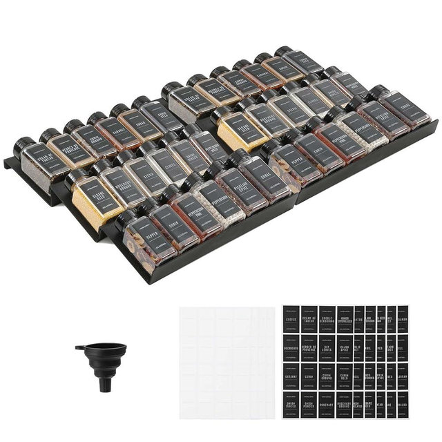 Famhap Spice Drawer Organizer, 6 Tier Expandable from 11.6" to 23.2" Seasoning Rack Tray Insert with 36 Plastic Spice Jars for Kitchen Drawers, Spice Rack Drawer for Spice Jars, Black