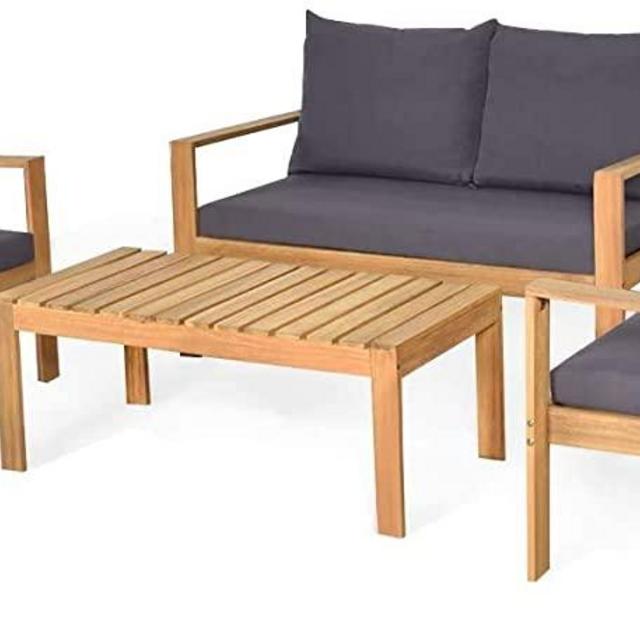 HAPPYGRILL 4-Piece Patio Furniture Set Outdoor Conversation Sofa Table Set with Cushions, Acacia Wood Chairs & Coffee Table Set for Garden Backyard Poolside