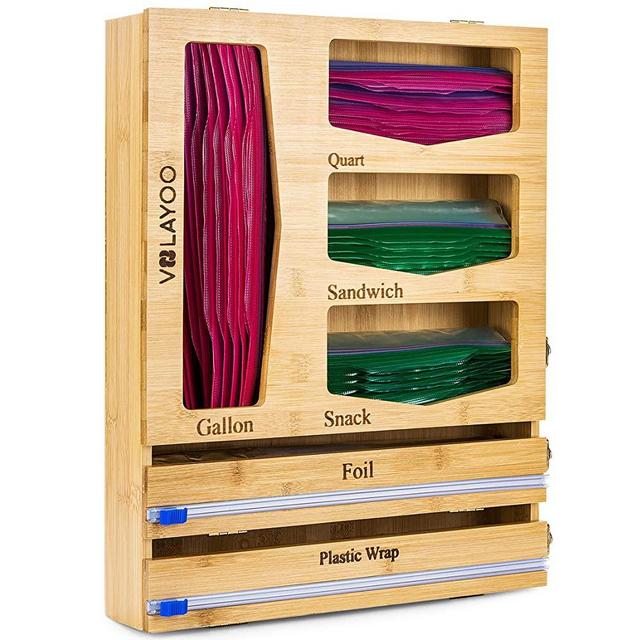 VOLAYOO Bamboo Ziplock Bags Storage Organizer for Drawer, Foil and Plastic Wrap Organizer, 7 in 1 Ziplock Bag Organizer & Plastic Wrap Dispenser with Cutter & Ziplock Bag Holder for Filling.