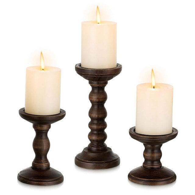 Romadedi Wood Candle Holders for Pillar - Set of 3 Tall Rustic Vintage Wooden Candlestick Holder, Farmhouse Candle Stand for Fireplace Mantle Shelf Table Retro Home Decor, Dark Brown, 3.9"/6"/ 8.3"