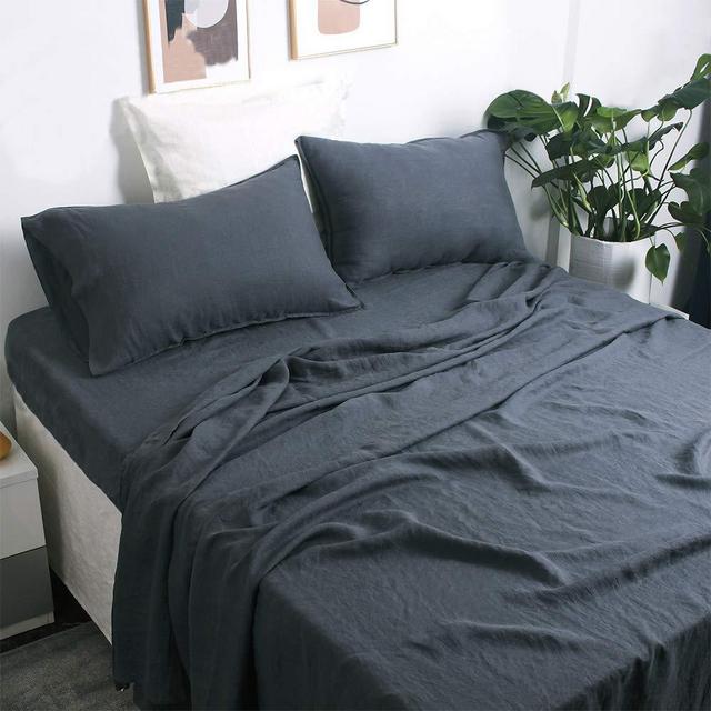 100% French Natural Linen Bedding Victory Symbol Ultra Soft Stone Washed 4 Piecces Sheets Set(Silver Gray,Queen)