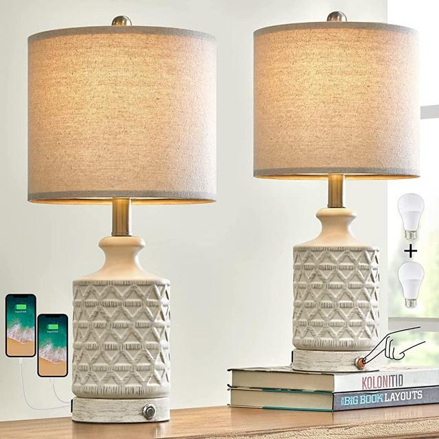 PoKat 3 Way Dimmable Touch Ceramic Table Lamp Set of 2 for Living Room Bedroom Contemporary Desk Decor Lamps with 2 USB Ports White Farmhouse Bedside Nightstand Lamp End Table Lamps Bulb Included