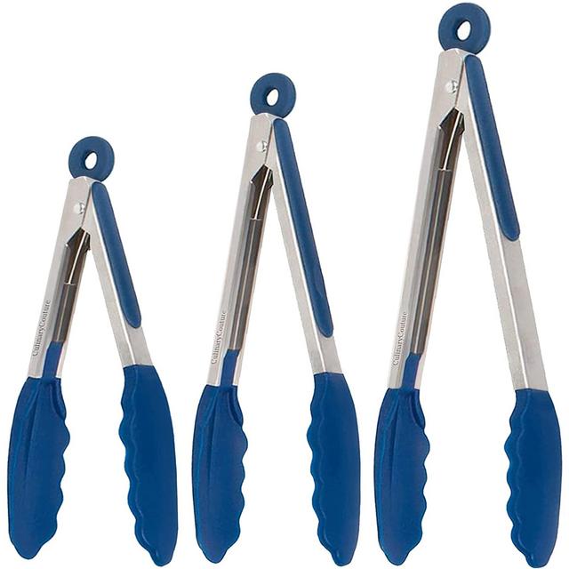 Blue Silicone Cooking Tongs - Set Of 3 Kitchen Tongs - 7, 9, 12" - Ideal For Bbq, Grill, Oven Baking, Salad Steak Vegetable Pasta Fish Serving| Bonus Ebook| Stainless Steel W/Silicone Tips