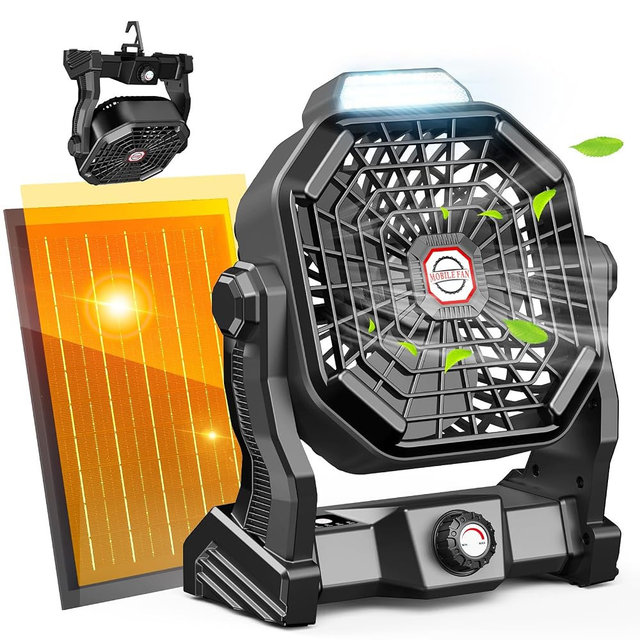 Solar Powered Fan,【Max 60H Runtime】Rechargeable Solar Camping Fans & Led Lantern,8-inch Portable Fan with Solar Panel,Battery Operated Powered Outdoor Tent Fans for Camping Essentials Accessories