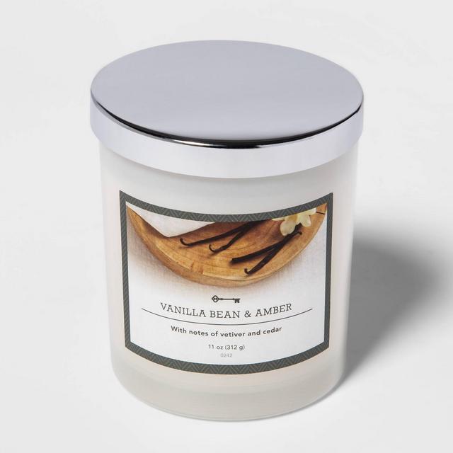 11oz Lidded Milky Glass Jar Vanilla Bean and Amber Candle - Threshold™