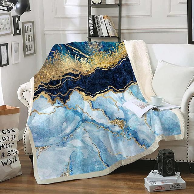 Bedbay Blue Gold Marble Blanket Sherpa Fleece Blanket Boys Girls Teal Marble Texture Abstract Pattern Soft Warm Blanket for Bedroom Couch Sofa(Blue Gold, Twin(60"x80"))
