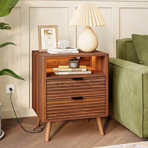 19.7" Nightstand With 2 Drawers & Open Shelf, Bedside Table With LED Lights & Outlets, End Table For Bedroom Or Living Room - Walnut, Individual