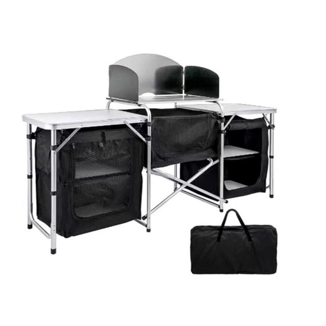 MPM 6' Aluminum Portable Fold-Up Camping Kitchen with Windscreen and 5 Enclosed Cupboards, Cook Station, for BBQ, Camping, Picnic, Backyard