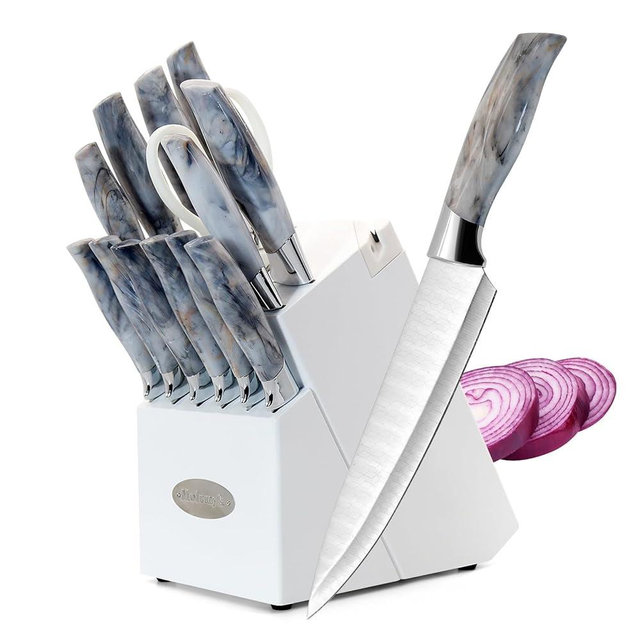 Professional Kitchen Knife Set – 14pcs Knives Set, High Carbon Stainless Steel Cutlery Knife Block Set with Serrated Steak Knife, Bread Knife, Chef Quality, Sharp Blades Gray handle