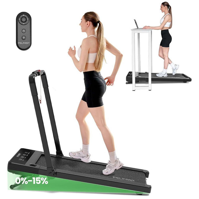 FelFast Walking Pad Treadmill with 15% 9° 8 Level Auto Incline, 2-in-1 Under Desk Foldable Treadmill w/Remote Control, 12 HIIT Mode, 265 Lbs, 7.6 MPH Max, Portable Mini Treadmill for Office Home