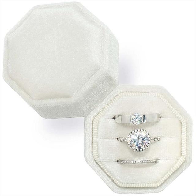 Beatilog Velvet Ring Box 3 Slots - Octagon Premium Handmade Three Rings Slot Bearer Storage for Wedding Ceremony, Proposal, Engagement, Photography (Ivory)