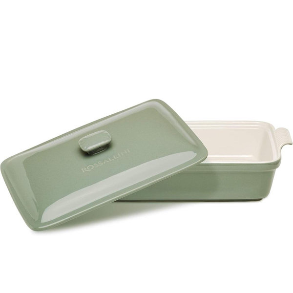 Stoneware Casserole Dish Bakeware Set with Lid, Covered Rectangular Dinnerware, Large 3.2 Quart, 11 by 9 Inch, Verde Salvia [Sage Green]