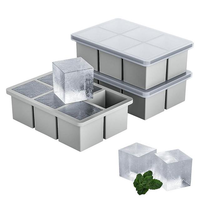 Large Ice Cube Tray for Whiskey 3 Pack, HANCELANT Big Silicone Square Ice Cube Mold with Removable Lid, 2'' Huge Square Ice Cubed Tray for Whisky and Cocktail(Grey)