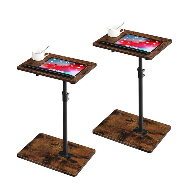 MAHANCRIS Set of 2 TV Tray Table, Sofa Armrest Tray Table for Couch, 360° Swivel Height Adjustable End Table, Snack Side Table with Phone and Tablet Slot, Rustic Brown ETRB4501S2