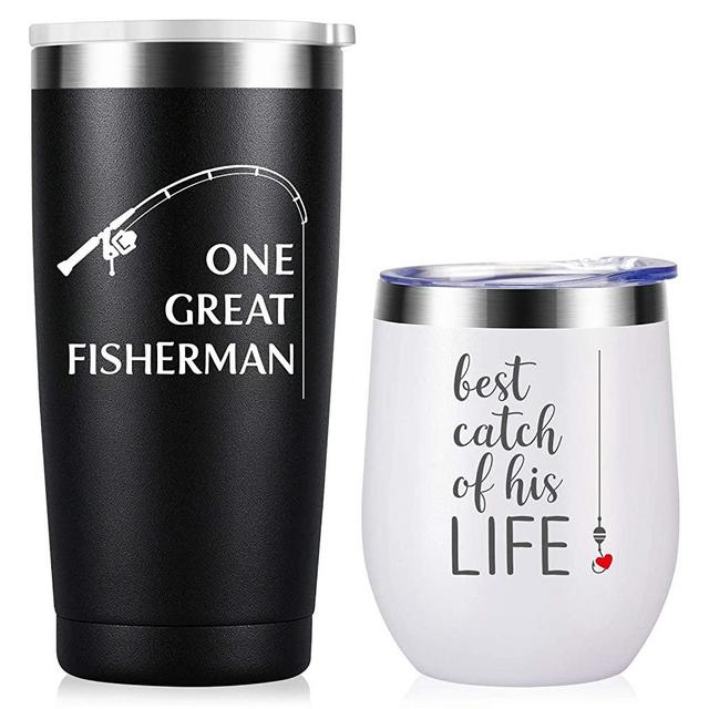 One Great Fisherman,Best Catch of His Life-Unique Wedding Anniversary Gifts for Couple Best Friend gifts Lovers Cups Stainless Steel Wine Tumbler Travel Mug 2 Pack with Straw and Lid