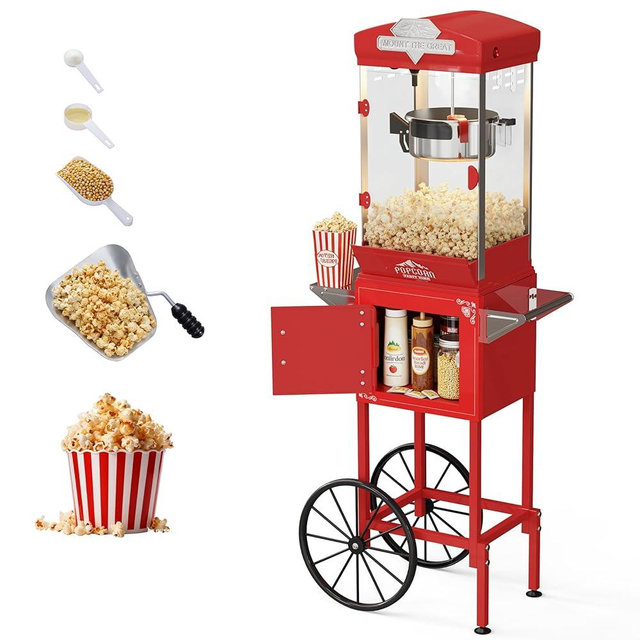 Sesslife Popcorn Machine, 10 Oz Vintage Popcorn Machine Cart with Wheels, Professional Movie Theater Style Popcorn Popper Makes Up to 40 Cups, Popcorn Maker Machine for Home & Commercial Use (Red)