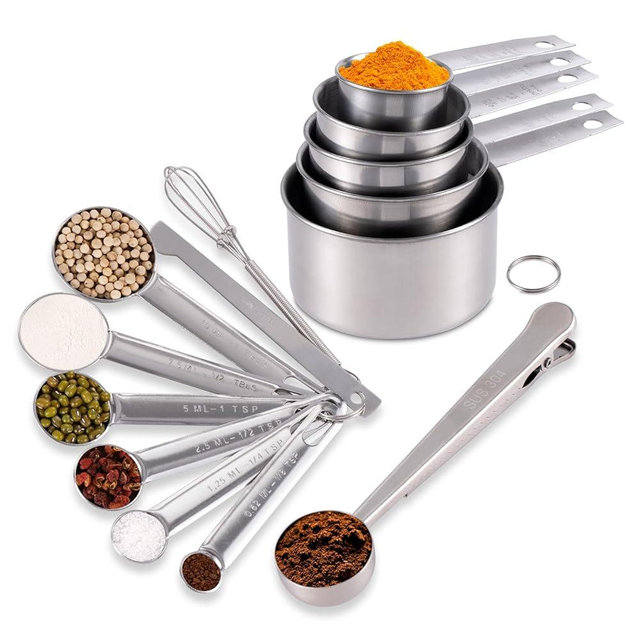 14 Piece Measuring Cups and Spoons Set Stainless Steel - 5 Nesting Measuring Cups & 6 Measuring Spoons, 1 Coffee Scoop & 1 Leveler & 1 Mini Blender for Cooking Baking