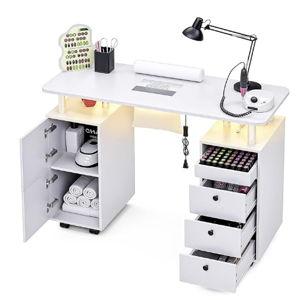 Nail Desk for Nail Tech w/Electric Dust Collector, Rolling Manicure Table w/Lockable Wheels, Storage Drawers, Wrist Cushion, Acetone Resistant, for Nail Beauty Salon Workstation (White)