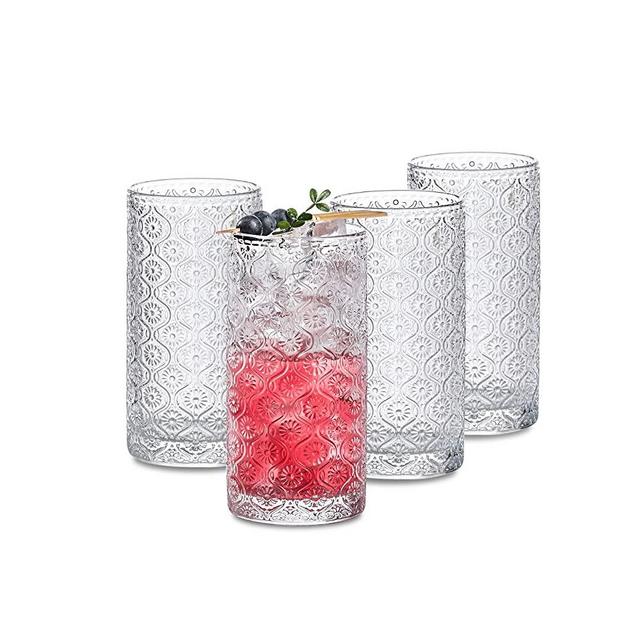 SoulTimes Glass Cups Vintage Glassware Set of 4, Drinking Glasses 12.5oz, Embossed Pattern Style Transparent Cocktail Glasses Set, for Ice Coffee,Juice,Beer,Bar Beverages,Drinkware, Transparent (L)