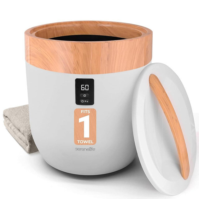 SereneLife SLTLWS750 Bucket Warmers with Customized Fragrances for Spa and Bathroom, Timer 20/40/60/90 Minutes, Fits 1 Large Towel, Blanket, Bathrobe, PJs (Pink), Wood