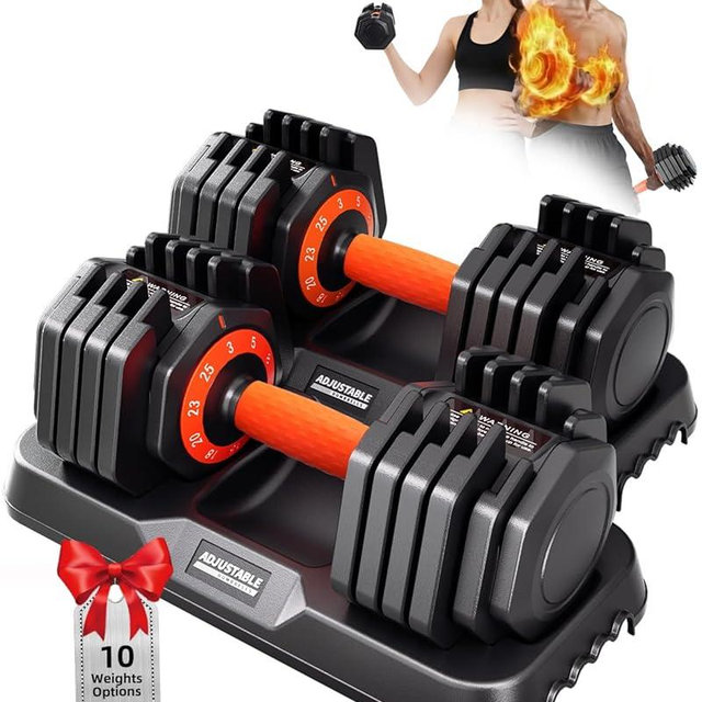 2026 Upgrade Adjustable Dumbbell Set 25lb/50lb, Small Increment in 3-6lb, 1 Hand Quick-Dial, 10-in-1 Adjustable Dumbbells with Tray, Anti-Slip Grip for Home Gym HIIT Strength Training