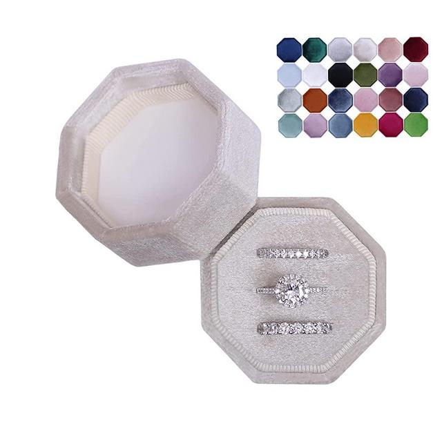 Velvet 3 Slots Jewelry Ring Box Engagement Wedding Box Keepsake Box Bridal Photo Ring Triple Slots Octagon (Champagne)