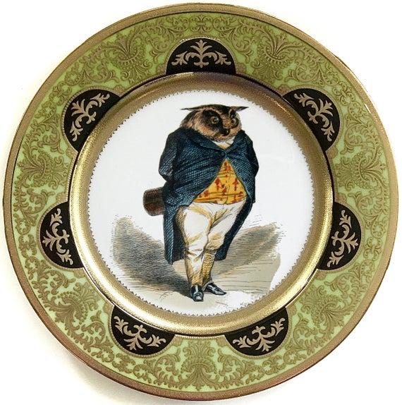 Green, Black & Gold Anthropomorphic Owl Plate/Teacup After French Caricaturist Jean-Jacques Grandville (1803-1847). Foodsafe, Durable.