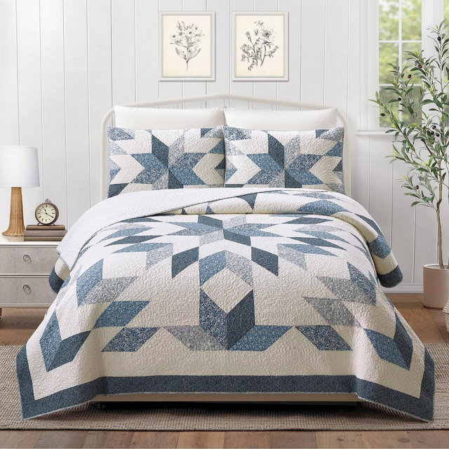 Modern Heirloom 3pc Full/Queen Bright Star Patchwork Quilt Bedding Set Blue