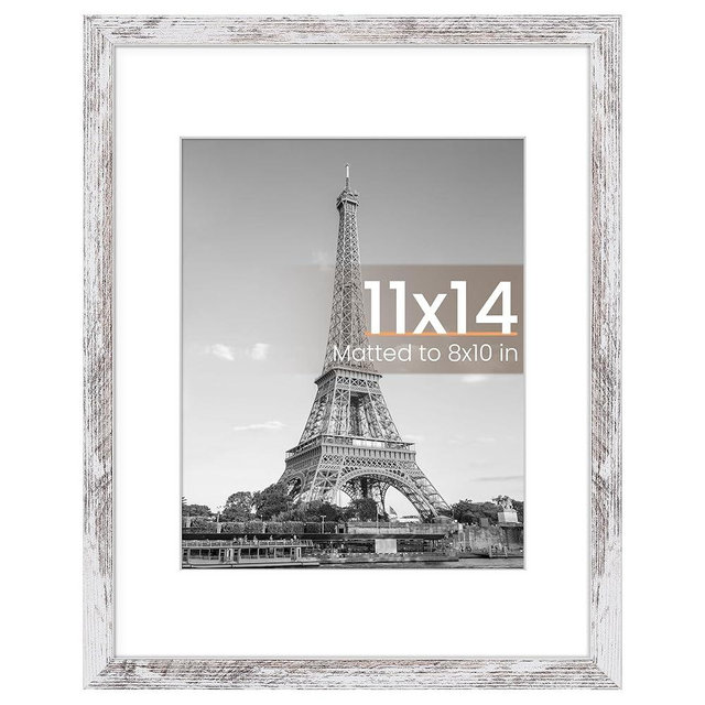 upsimples 11x14 Picture Frame, Display Pictures 8x10 with Mat or 11 x 14 Without, Wall Hanging Photo Frames, Rustic White, 1 Pack