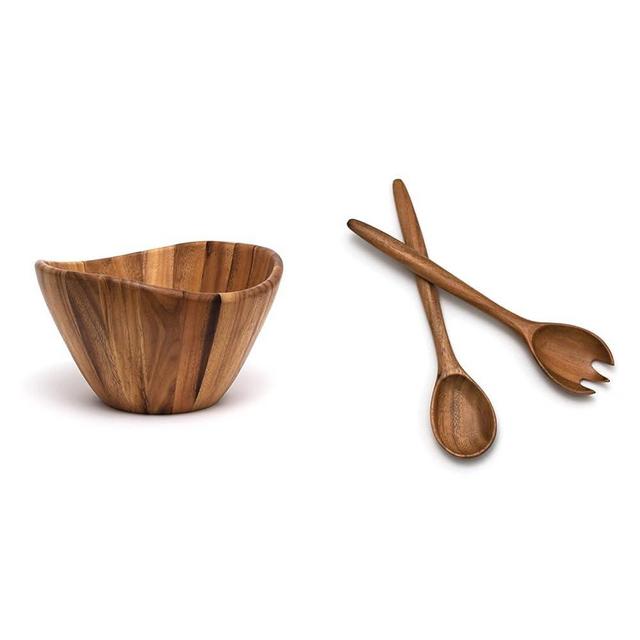 Lipper International Acacia Wave Serving Bowl for Fruits or Salads, Large, 12" Diameter x 7" Height, Single Bowl & Acacia Oblong Salad Servers, 12" Long, One Pair