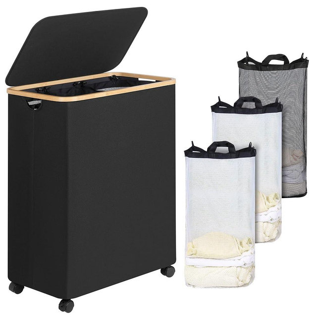 iEGrow Lagre Laundry Basket with Wheels, Laundry Hamper with Lid, 160L Clothes Hamper for Laundry with 3 Liner Bags, for Laundry Room, Bedroom, Dormitory Organization,Black