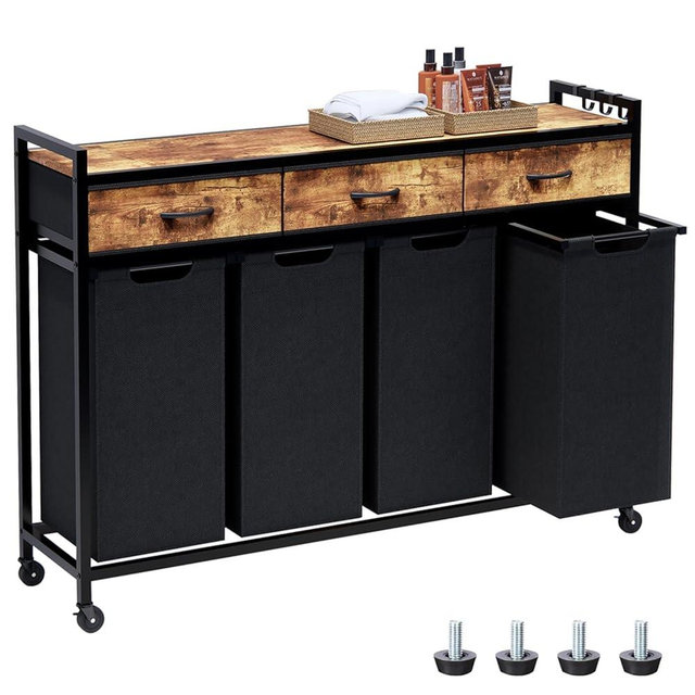 Timberer Laundry Hamper, Laundry Sorter 4 Sections, Rolling Laundry Basket with Wheels, 3 Drawers, 4 × 14.5 Gal (55 L), Pull-Out and Removable Oxford Fabric Bags, Black and Rustic Brown