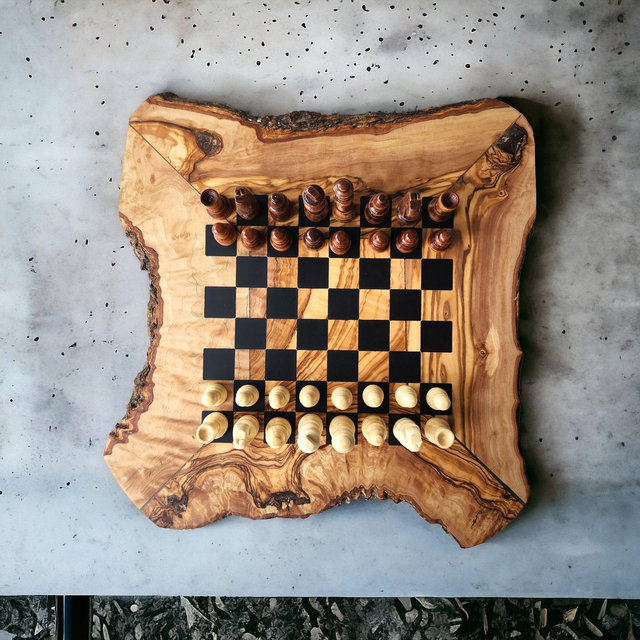 Artisanal Olive Wood Chess board - 32 pieces : Live Edge Elegance with Vibrant Epoxy Squares. Custom engraving