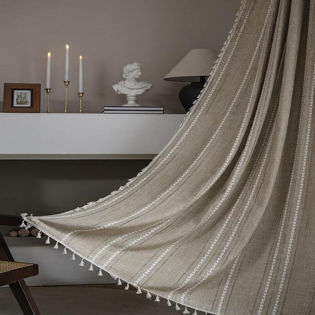 ColorBird Boho Linen Curtains for Bedroom, Khaki Living Room Curtains Striped Farmhouse Curtains 84 inch Length 2 Panels Set, Embroidered Room Darkening Drapes for Dining Nursery Doorways