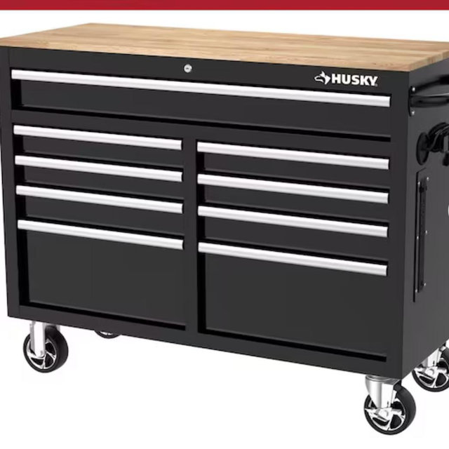 Husky Tool Storage 46 in. W x 18 in. D 9-Drawer Mobile Workbench Cabinet in Gloss Black H46X18MWC9BLK