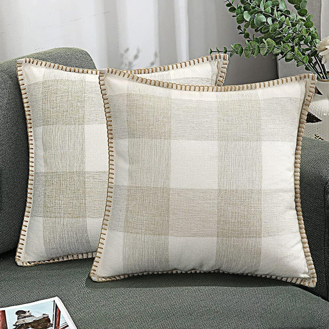 decorUhome Set of 2 Buffalo Plaid Check Throw Pillow Covers Farmhouse Decorative Pillow Cases for Bed Couch Sofa, 18x18 Inches, Cream White and Beige