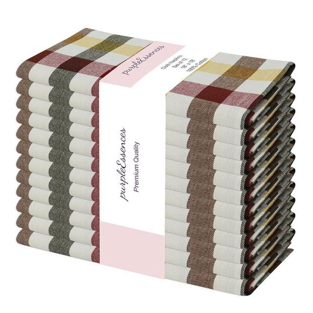 PurpleEssences Buffalo Plaid Cloth Napkins - Mitered Corners - Fall Thanksgiving Gingham Check Dinner Napkin - Set of 12-100% Cotton - 18x18 Inch - Reusable Washable - Harvest
