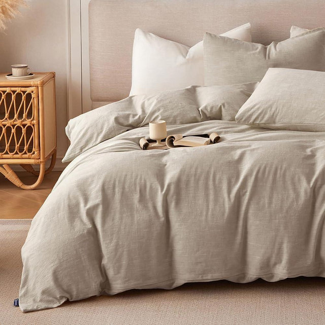 BFS HOME Linen Duvet Cover Full Size - Soft Breathable Cotton Linen Blend, 3-Pieces Bedding Set with 2 Pillowcases, Stonewashed Texture, Khaki, All-Season Comfort