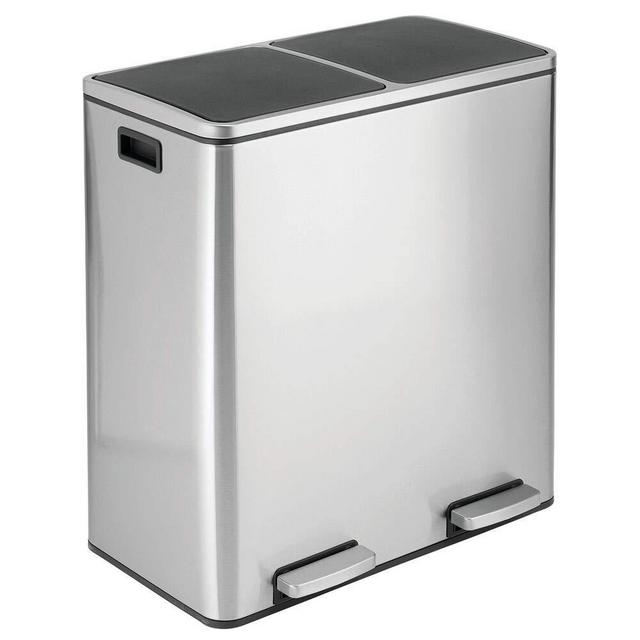 mDesign Modern 60 Liter, 2 Bin Square Large Metal Step Trash Can Wastebasket, Garbage Container Bin - Bathroom, Kitchen, Craft Room, Office, Garage - Removable Liner Bucket - Brushed Stainless Steel
