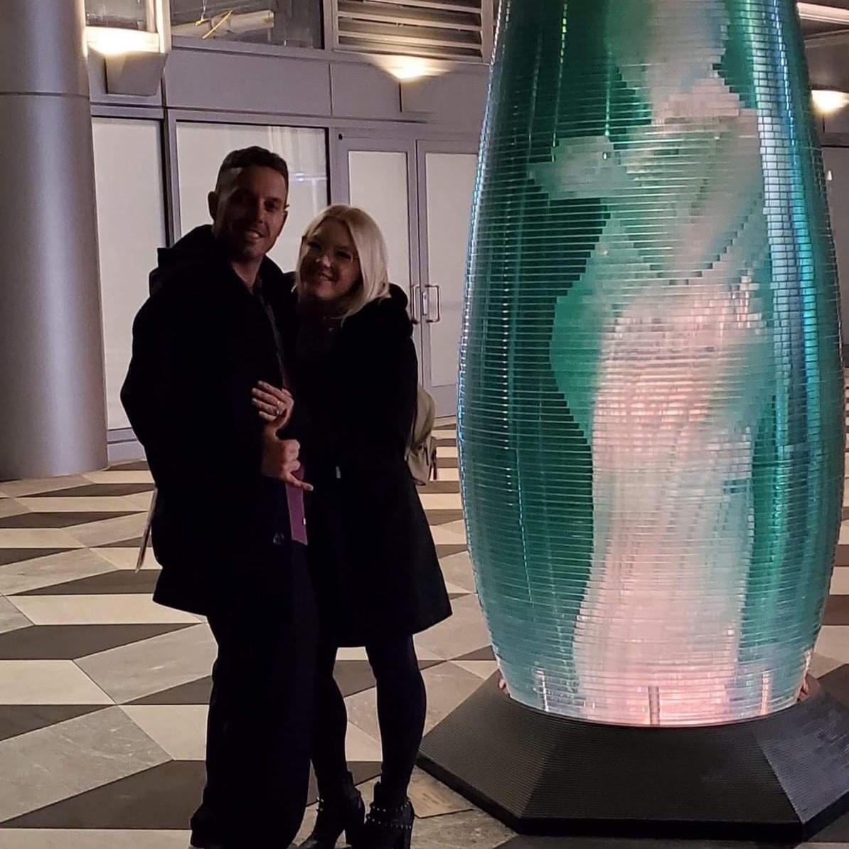 •October 2019• Mitchell takes Kelly to see Hamilton in San Francisco, drinks a lot of wine, then tells passers-by his plans to marry and start a family with her… in front of this pregnant statue.